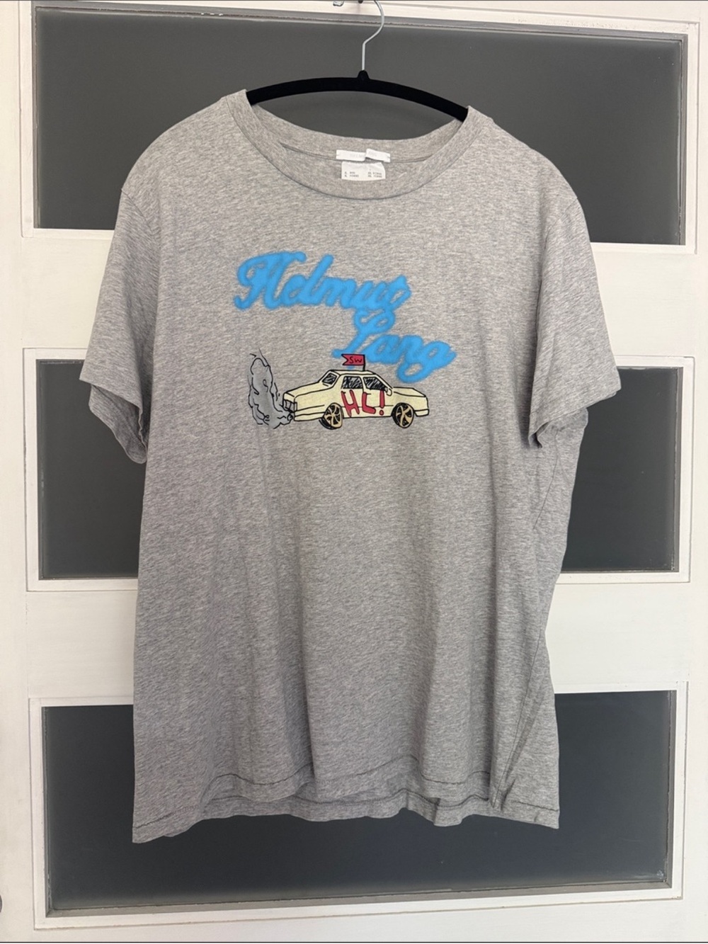 Helmut Lang Taxi Graphic T-Shirt Grey Blue Raised Script Size XL EUC